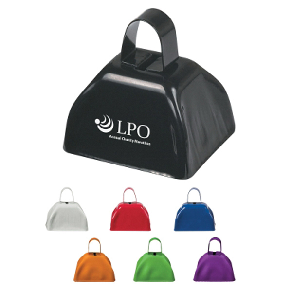 Seven metal cowbells with logo showing color options